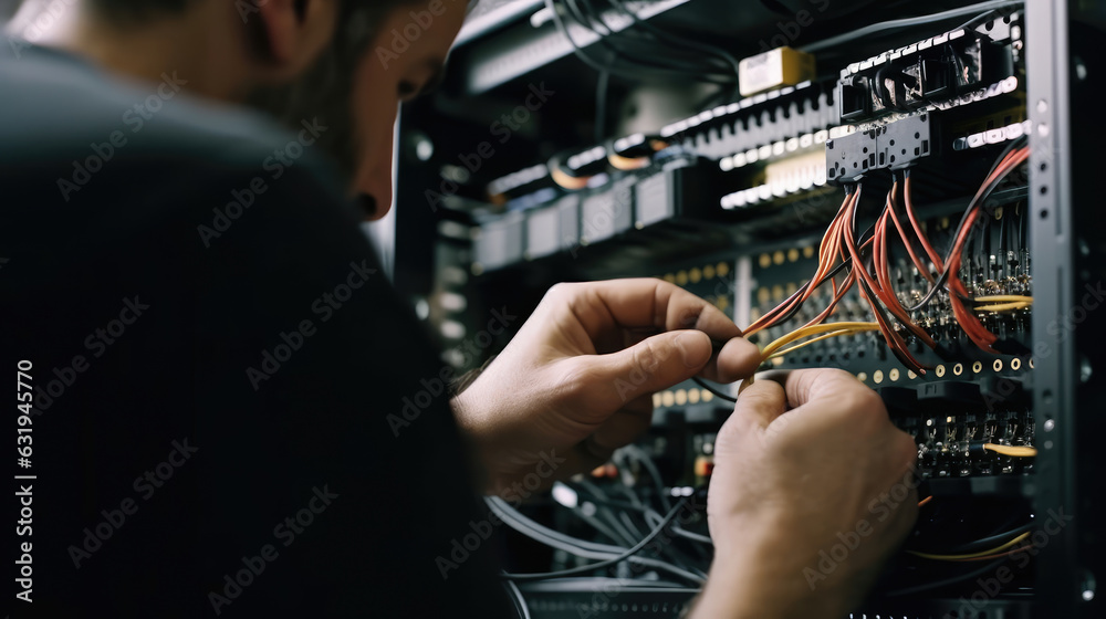 Close-up view of an IT technician's hand skillfully putting an optical fiber cable into the back panel of a server cabinet - obrazy, fototapety, plakaty 