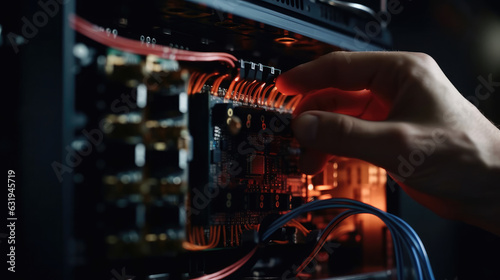 Close-up view of an IT technician's hand skillfully putting an optical fiber cable into the back panel of a server cabinet