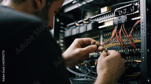 Close-up view of an IT technician's hand skillfully putting an optical fiber cable into the back panel of a server cabinet