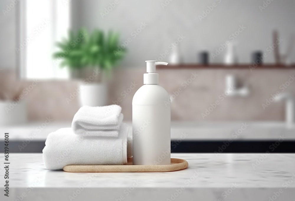 Gray ceramic bottle with white cotton towels in bathroom
