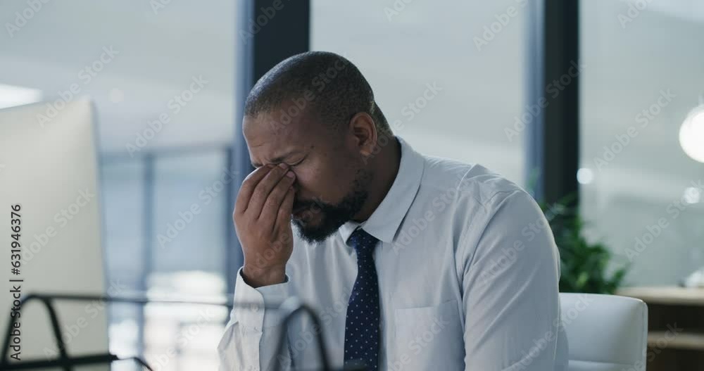 Stress, tired and night with black man in office for anxiety, headache and burnout. Mental health, exhausted and frustrated with male employee in corporate business for fatigue, problem or overworked