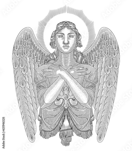  Virgin Mary with cross and wings, vintage engraving drawing style vector illustration
