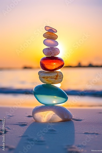 colored Stones balance on beach, sunrise shot