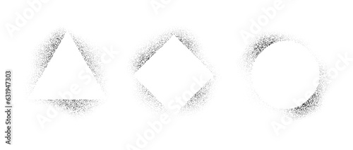 Square, circle and triangle frames set with spray stencil effect. Grunge dotted border shadow collection. Faded noise shape bundle. Splattered elements for text box, banner, poster, template. Vector