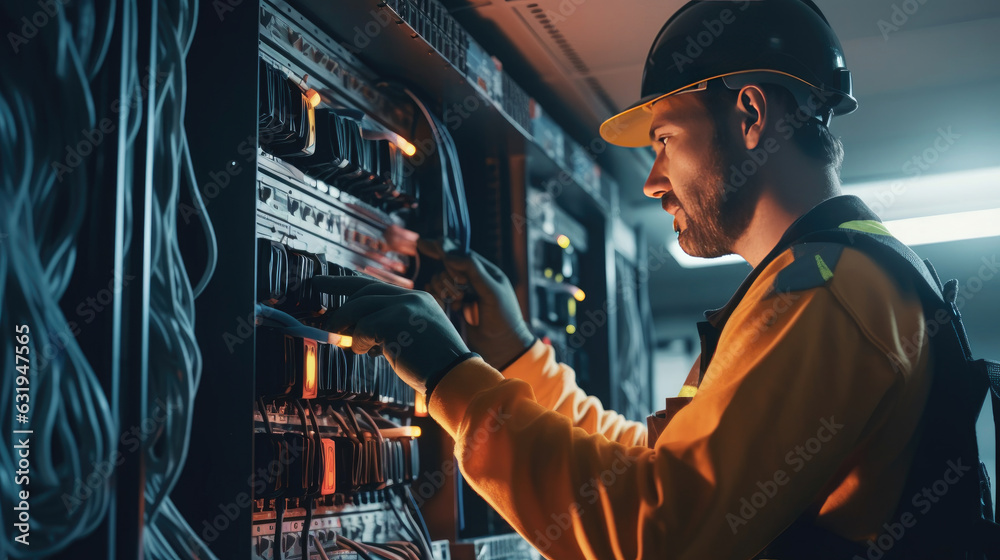 An electrician working diligently on an electrical wiring unit - obrazy, fototapety, plakaty 