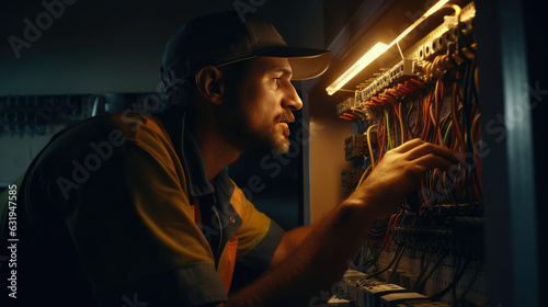 An electrician working diligently on an electrical wiring unit © didiksaputra