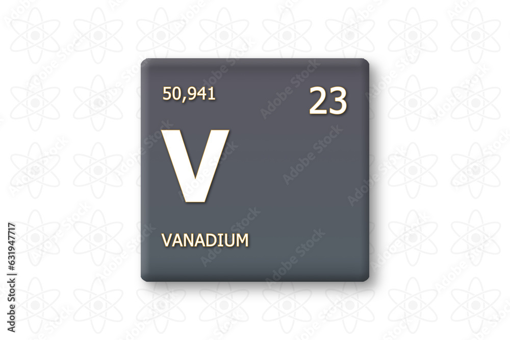 Vanadium. Abkuerzung: V. Chemisches Element des Periodensystems. Weisser Text innerhalb eines grauen Rechtecks auf weissem Hintergrund. Vanadium. Abkuerzung: V. Chemisches Element des Periodensystems. Weisser Text innerhalb eines grauen Rechtecks auf weissem Hintergrund.