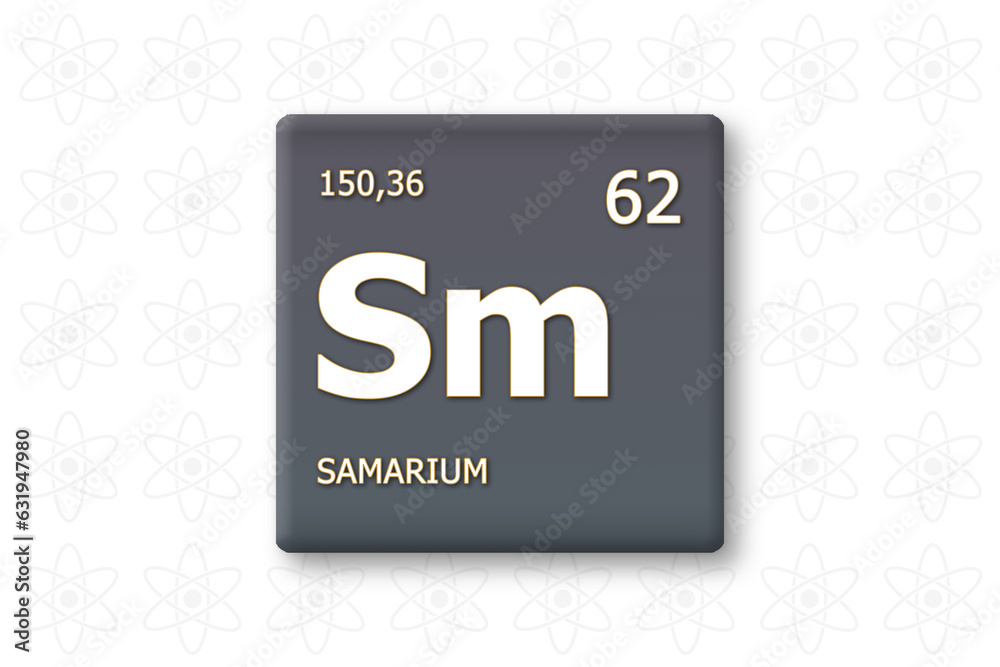 Samarium. Abkuerzung: Sm. Chemisches Element des Periodensystems. Weisser Text innerhalb eines grauen Rechtecks auf weissem Hintergrund.