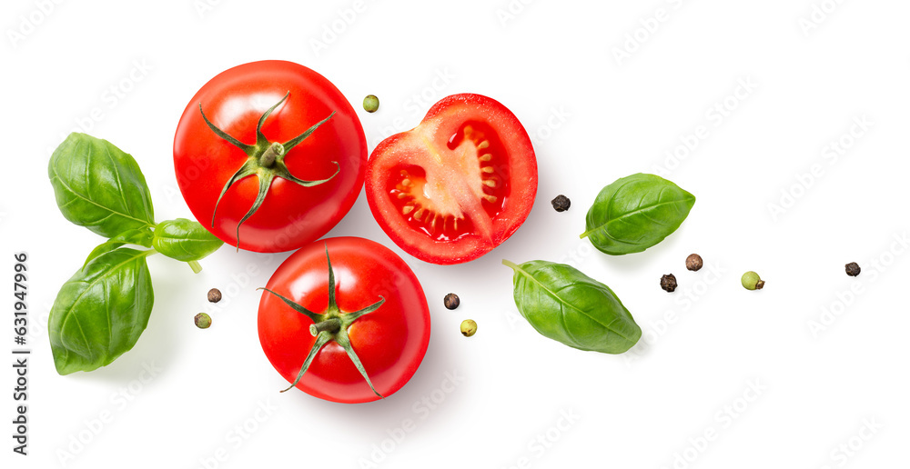 food, cooking, diet or garden design element made of ripe whole and sliced tomatoes, basil leaves and black and green pepper corns isolated over a transparent background, cut-out herbs and vegetables - obrazy, fototapety, plakaty 