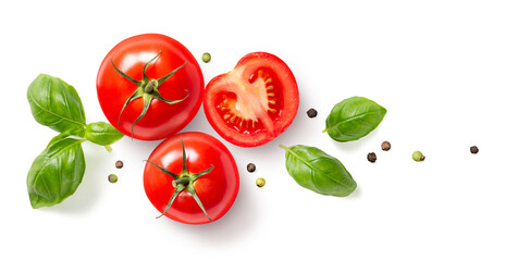 food, cooking, diet or garden design element made of ripe whole and sliced tomatoes, basil leaves and black and green pepper corns isolated over a transparent background, cut-out herbs and vegetables