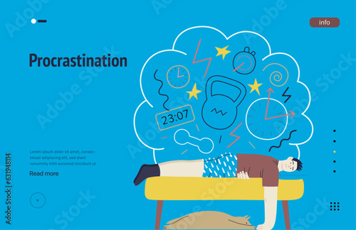 Mental disorders web template. Procrastination - modern flat vector illustration of man suffering under the weight of problems and obligations. People emotional, psychological, mental traumas concept