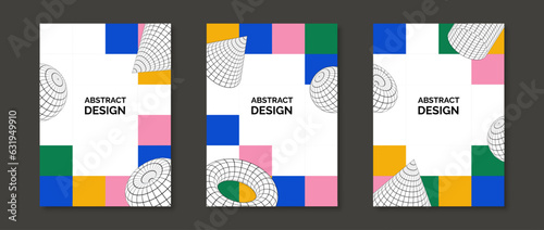 Colorful neo geometric design posters set. 3d torus, cone, cylinder and sphere shapes on checkered mosaic background. Set of retro futuristic templates for cover, banner, flyer. Vector pack