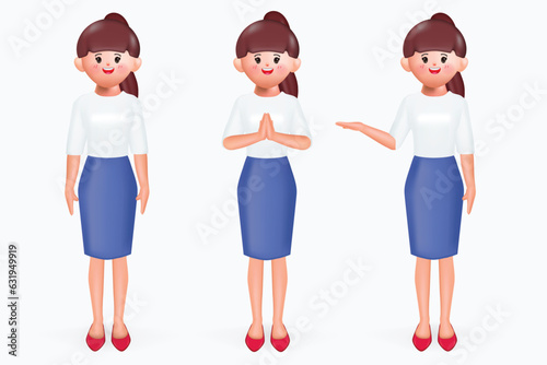 3d cartoon young woman character standing pose set. 3d vector illustration.