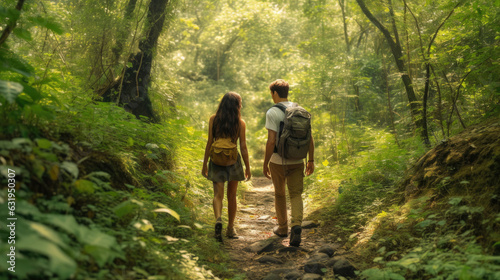 A young couple hiking through a picturesque forest, surrounded by lush greenery and a serene atmosphere © didiksaputra