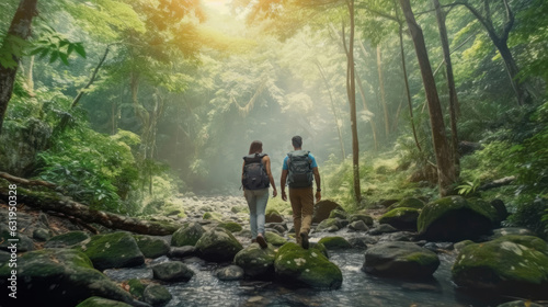 A young couple hiking through a picturesque forest, surrounded by lush greenery and a serene atmosphere
