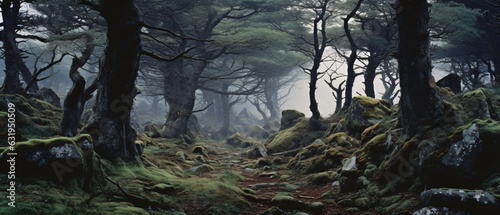 Quiet eerie forest aesthetic with misty fog background mock-up