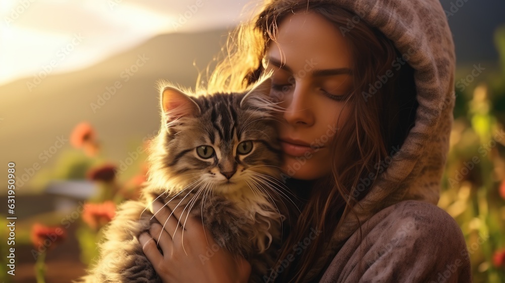 relationship picture concept picture of a woman and her cat travel together on her holiday.