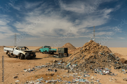 some egret sitting on a trash hill and there are some broken pickups 