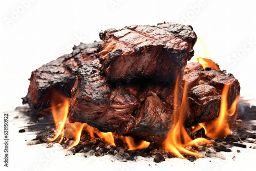 Roasted charred meats over barbecue grill on a white background 