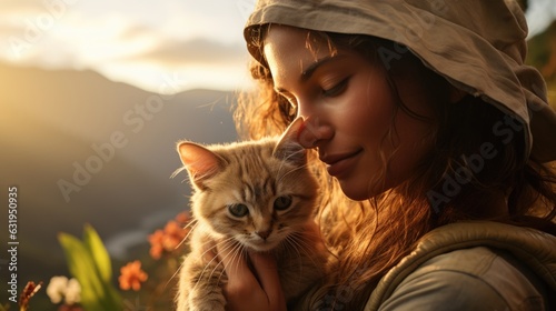 relationship picture concept picture of a woman and her cat travel together on her holiday.