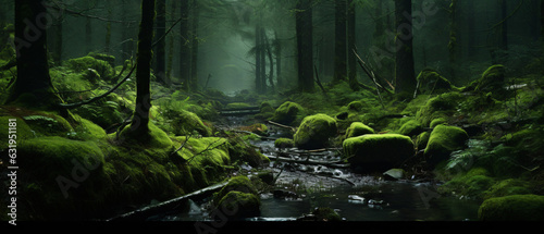 Forest woodland image during a rainy day with undergrowth shrubs and beautiful misty background mock-up