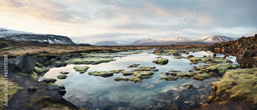 Deserted moorland with mountainous hilly background and lakes mock-up 