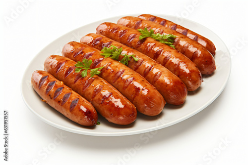 Grilled sausages on a white plate isolated on white background with herb garnishes mock-up