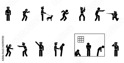 policeman icon, criminal detention illustration, stick figure people with guns