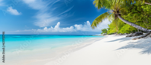 White sandy beach with bright blue water and sunshine background