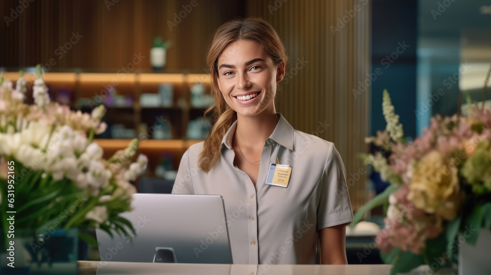 Close-up of a female hotel front desk clerk expertly handling a phone call - obrazy, fototapety, plakaty 