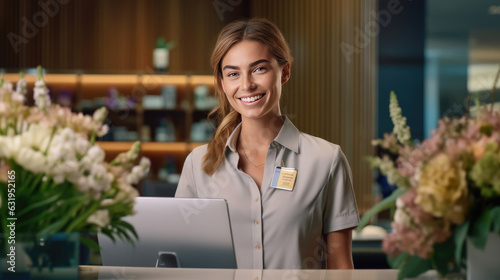 Close-up of a female hotel front desk clerk expertly handling a phone call photo