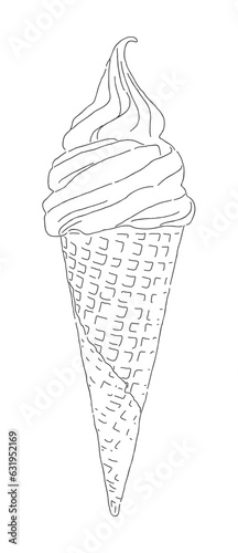 Hand drawing illustration of a soft serve ice cream cone. The snack part is made of a cone, and ice cream is placed on top of the cone.