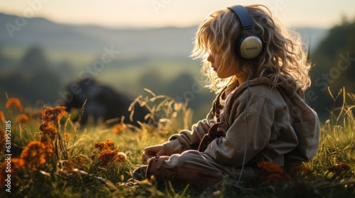 A kid sitting in the grass alone outside wearing headphones. Generative AI. 