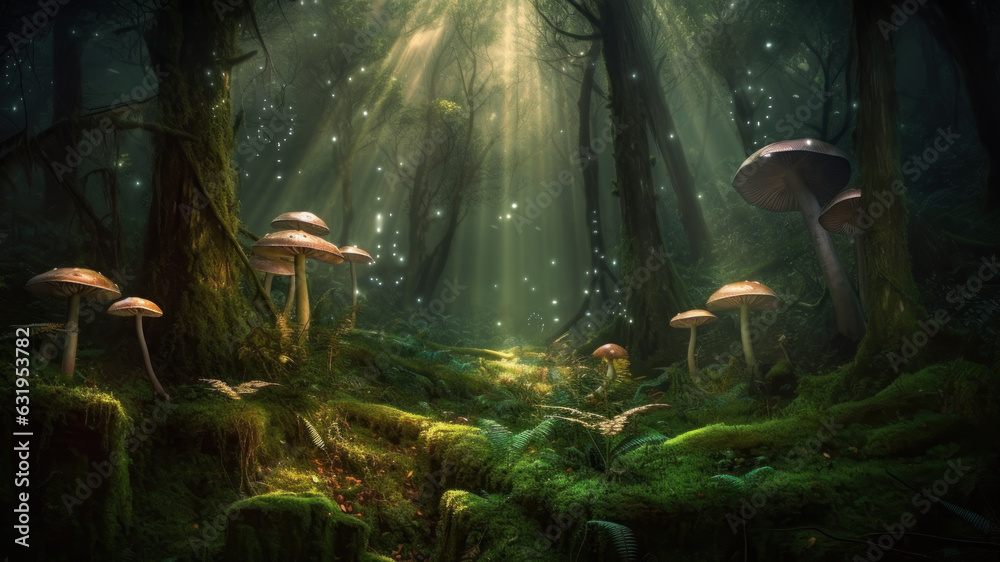 A beautiful fairytale enchanted forest with big trees and great vegetation. Digital painting background created with Generative AI technology