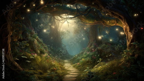 A beautiful fairytale enchanted forest with big trees and great vegetation. Digital painting background created with Generative AI technology