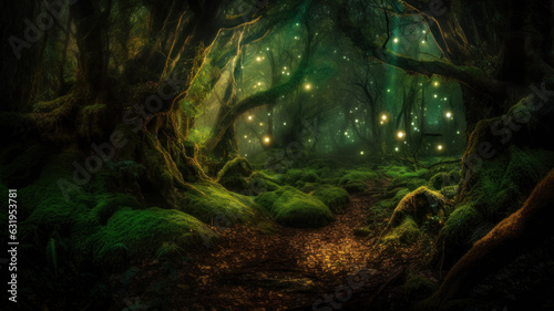A beautiful fairytale enchanted forest with big trees and great vegetation. Digital painting background created with Generative AI technology © Laughing Cat