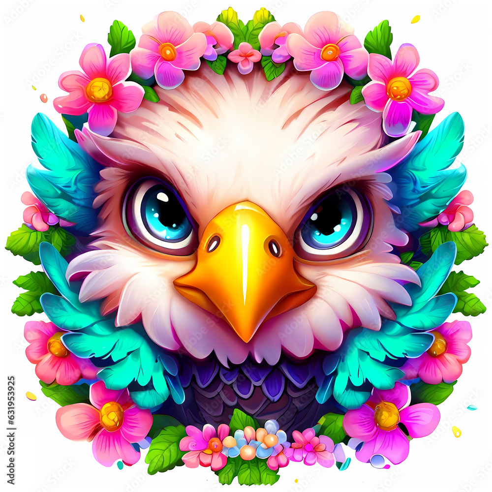 Cute Eagle, Floral circular frame, icon, cartoon Cute Eagle, Floral circular frame, icon, cartoon
