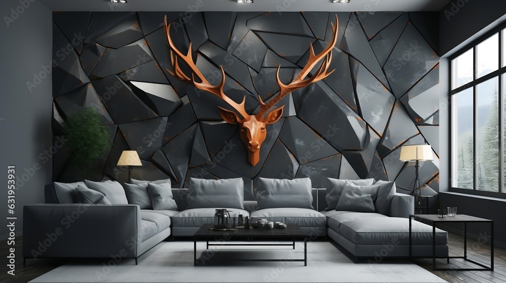 3d interior wall art decor living room with stereo deer animal and abstract geometric crack stone wall generative ai - obrazy, fototapety, plakaty 