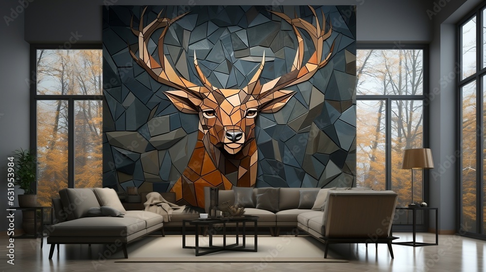 3d interior wall art decor living room with stereo deer animal and abstract geometric crack stone wall generative ai - obrazy, fototapety, plakaty 