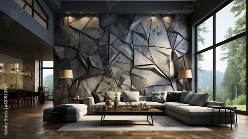 3d interior wall art decor living room with stereo deer animal and abstract geometric crack stone wall generative ai © tanjidvect