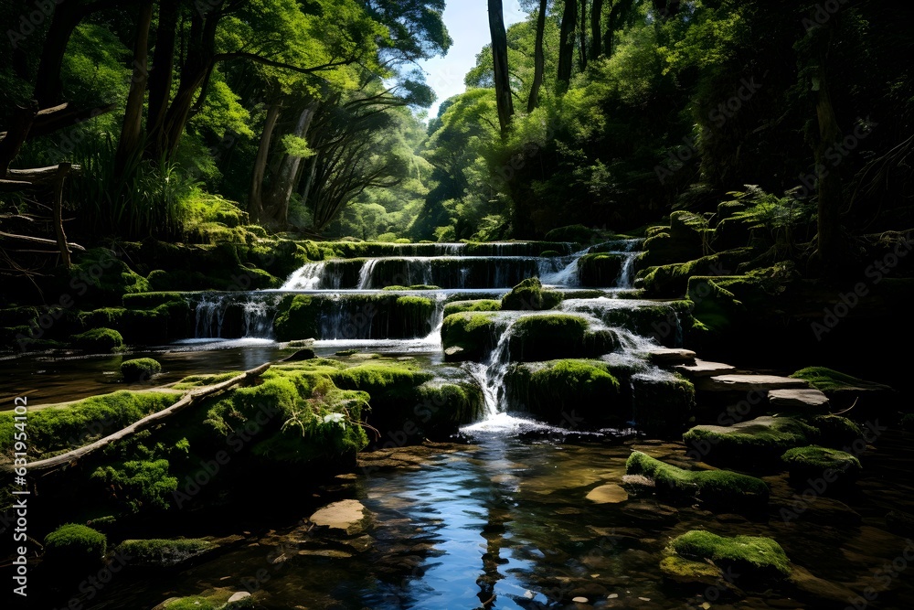 Naklejka premium Clean river in the forest with green moss background