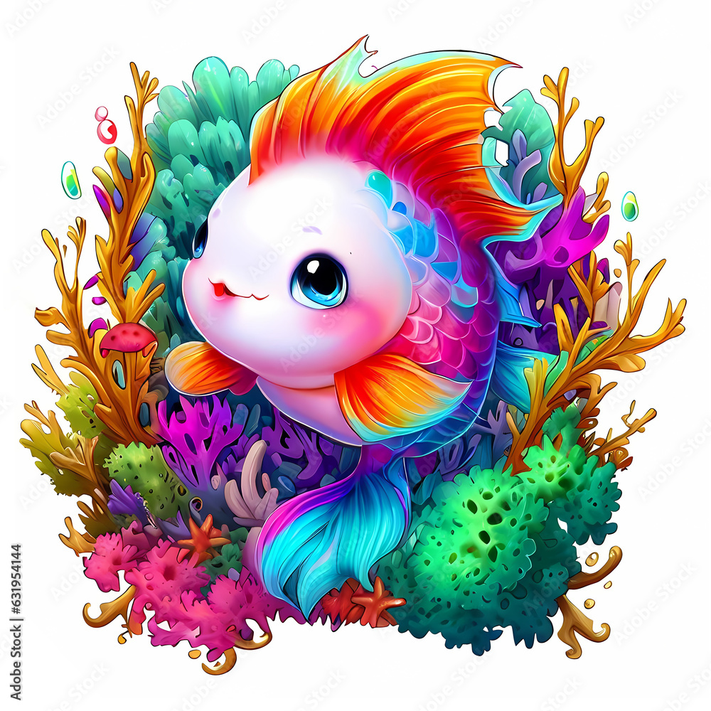 Cute Fish, Floral circular frame, icon, cartoon