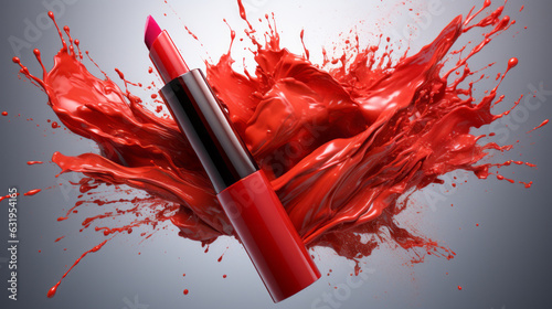 Bright red lipstick with a splash of red. Generative AI.  photo