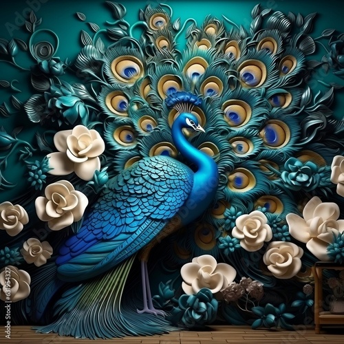 Luxury Flowers with Peacock Illustration Background. 3D Interior Mural Painting and wall art Decor generative ai