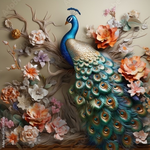 Luxury Flowers with Peacock Illustration Background. 3D Interior Mural Painting and wall art Decor generative ai