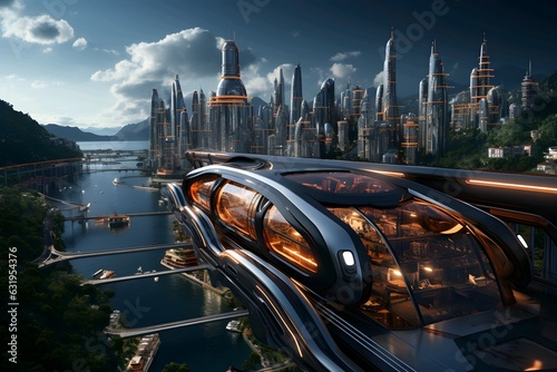 Futuristic vehicle flying over the road in the futuristic city