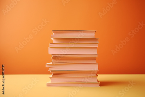 A stack of pastel orange files and books standing and isolated on a orange background