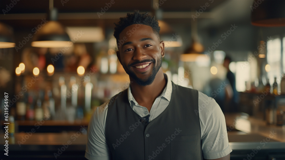 A young black smiling bartender or waiter standing indoors in a bar or restaurant while wearing a vest. A young black smiling bartender or waiter standing indoors in a bar or restaurant while wearing a vest.