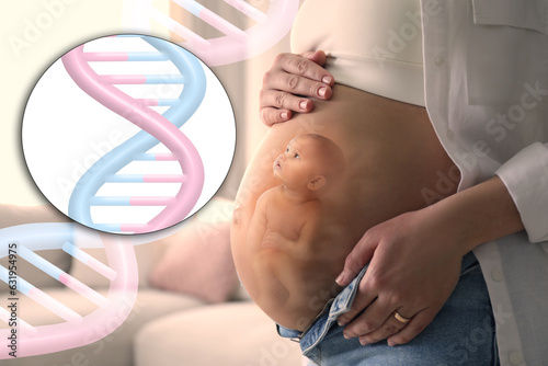 Noninvasive prenatal testing (NIPT). Double exposure of pregnant woman and little baby. Illustration of DNA structure