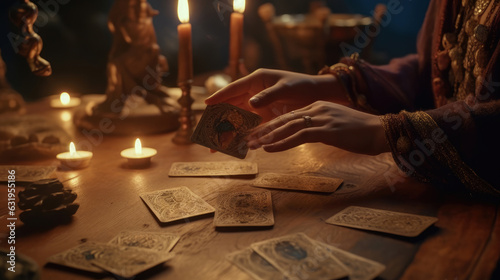 Close-up of symbolism of tarot cards on the table